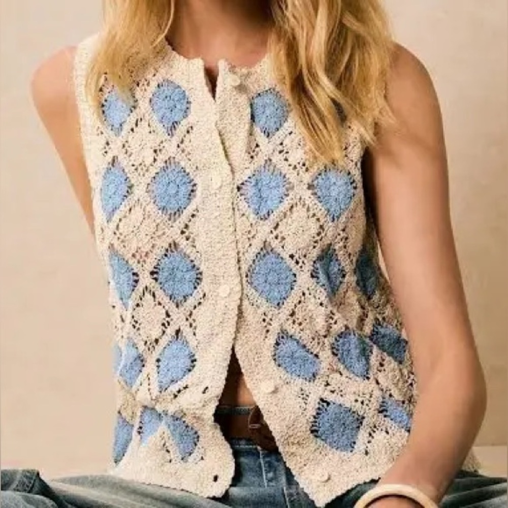 Floral Granny Square Crochet Knit Vest Argyle Cottagecore Coquette Fisherman